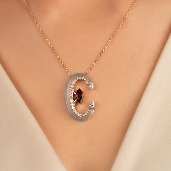 Halsketting · Vander Avort UNIQUE · met granaat, chalcedoon en diamant