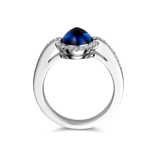 Ring entourage wit goud met Ceylon saffier en diamant