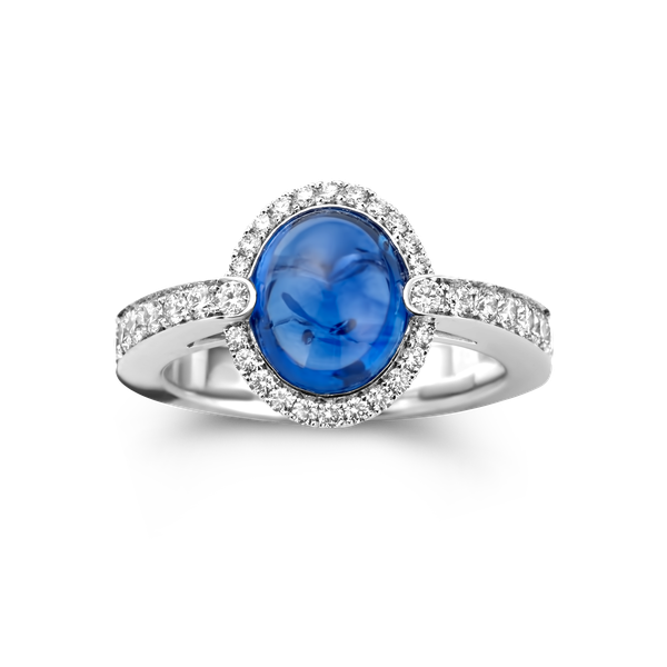 Ring entourage wit goud met Ceylon saffier en diamant