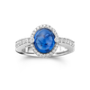 Ring entourage wit goud met Ceylon saffier en diamant